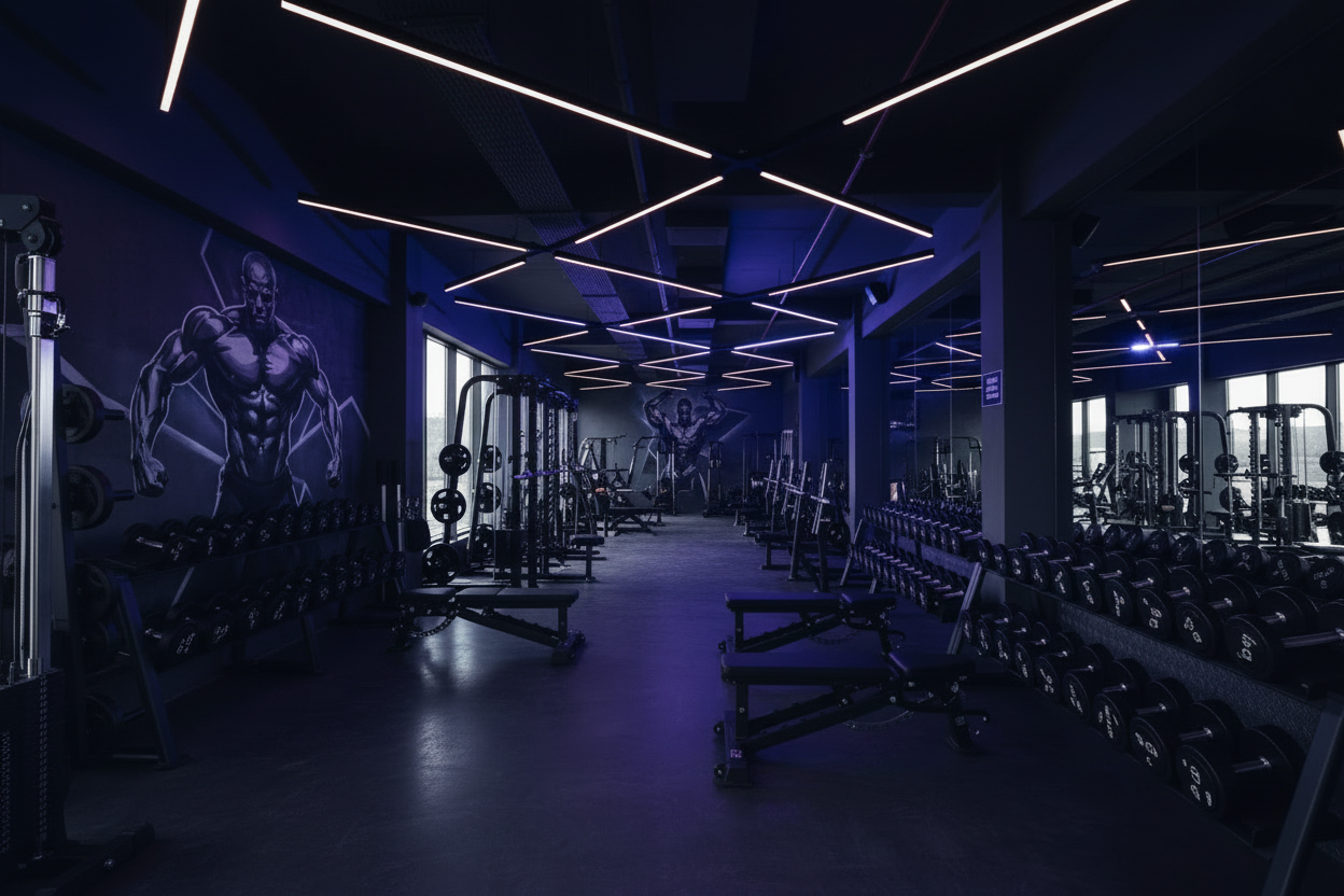 modern gym interior with murals of body builders on the wall. Make the lighting a little bit dark, but ambient and cool vibe. 
